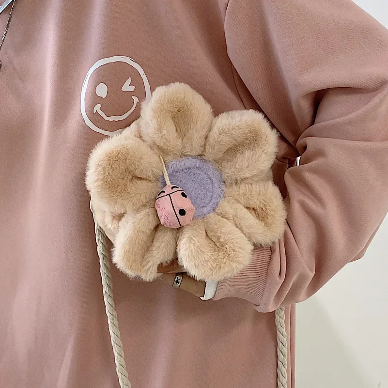 Sunflower Flower Shape One Shoulder Messengers Bag Childrens Plush Small Girls Zipper Fashion Cute Round Contrasting Color Bags 250219