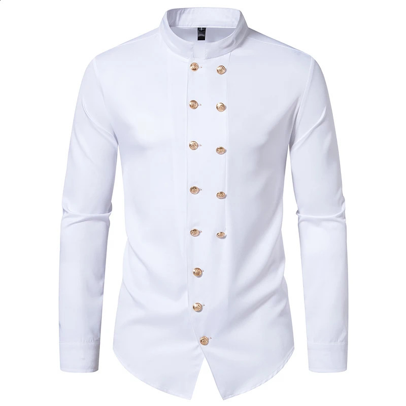 Men Long Sleeve Shirts Double Breasted Henry Collar Mens Dress Shirts Casual Male Clothes Chemise Shirt Homme Shirt S42 250214
