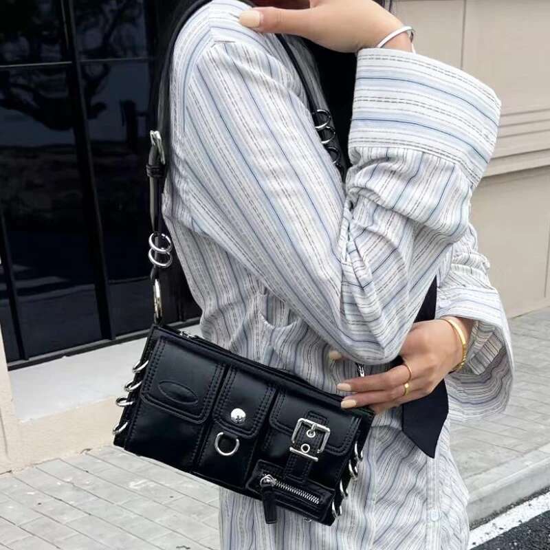 Moto & Biker Box Bag For Women Designer Handbag Purse 2024 New In PU Inlaid Metal Ring Multiple Pockets Underarm Shoulder