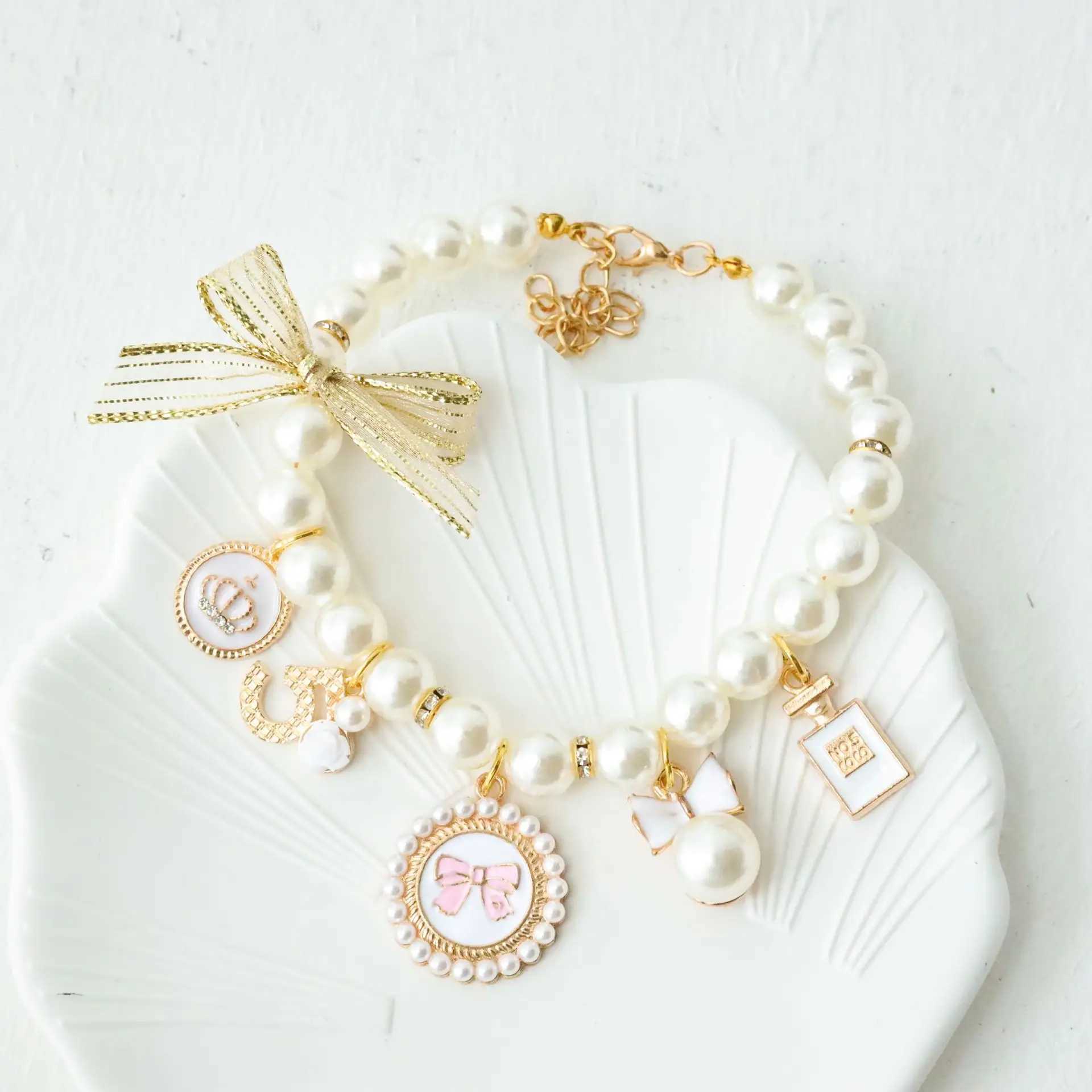 Pet Pearl Collar Dog Princess Bow Necklace Cat Jewelry Cute Collar Puppy Accessories Dog Chain Chihuahua Wedding Jewelry StuffXJ250218