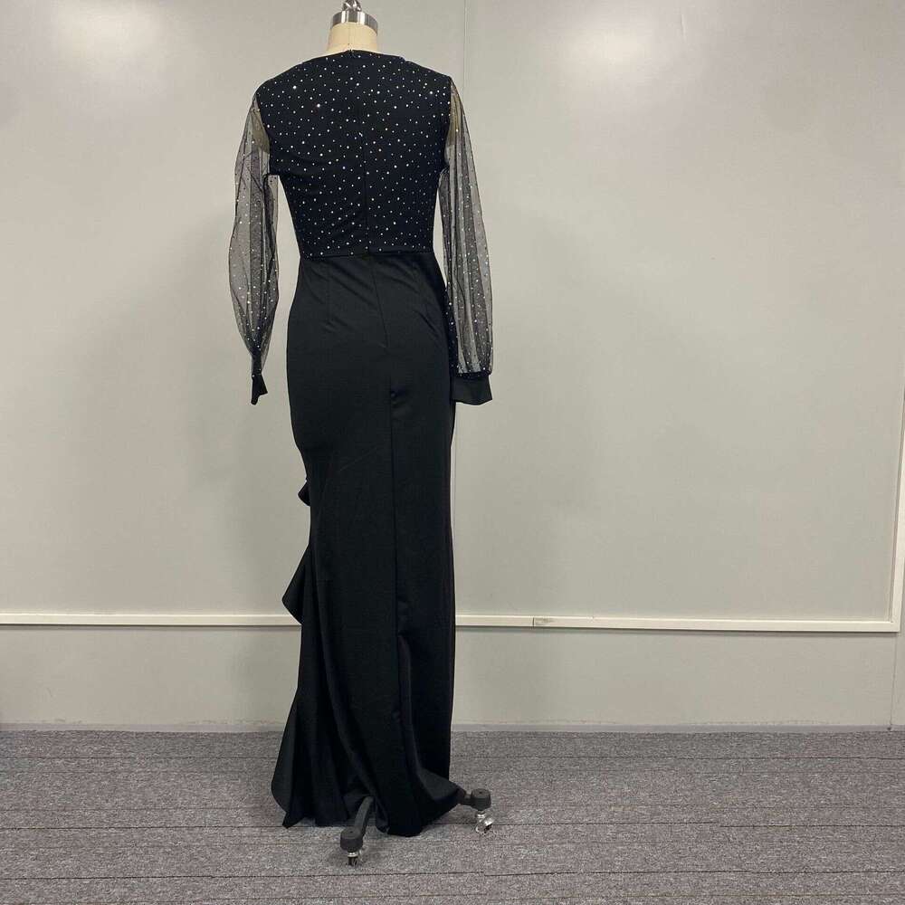 hip hing mid waist cinched black artistic mesh sequin commuting long skirt dress 2025 temperament versatile new trendy clothing ins