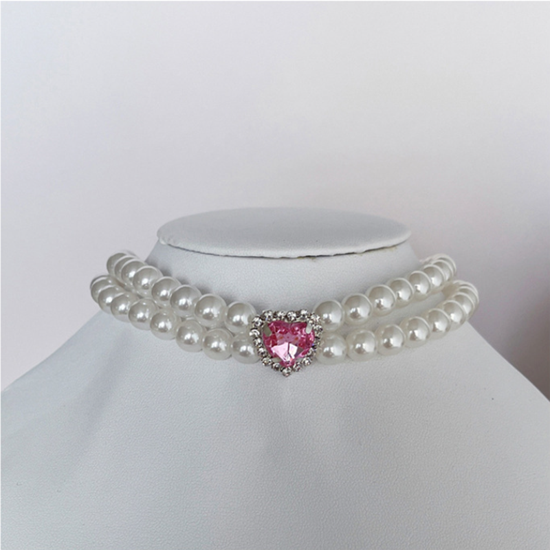 Luxury Double Row Pearl Dog Necklace with Big Pink Heart-Shaped Rhinestones Decorative, Pet Neck Decoration for Small Medium Dogs, Adjustable Pet Neck