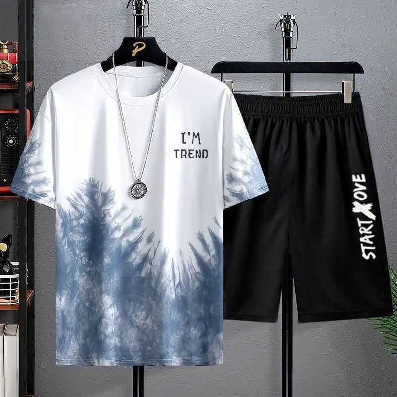 Summer mens casual suit mens thin quick drying round neck short sleeved T-shirt youth home wear sports two-piece setXJ250326