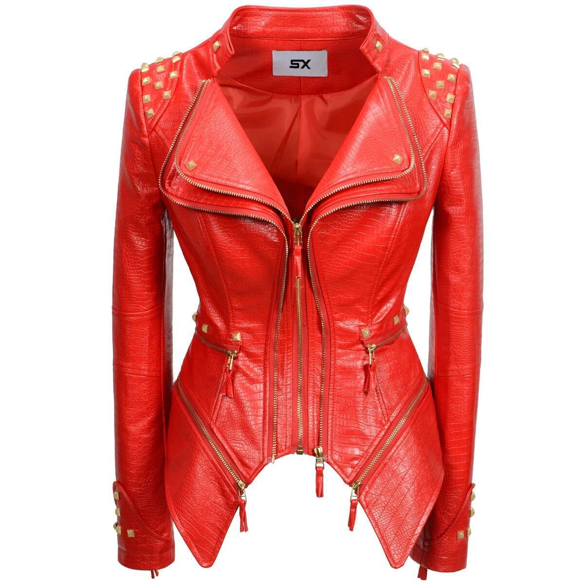 Fashion SX Women's Crocodile Rivet PU Perfect Shape Motorcycle Bicycle Jacket