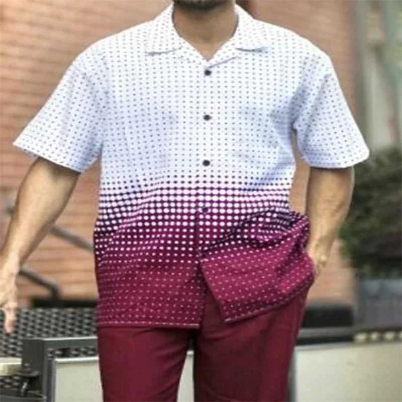 Mens tops + trousers casual fashion suit shirt pants 2-piece set summer new print mens wear Harajuku retro party outdoor menXJ250218