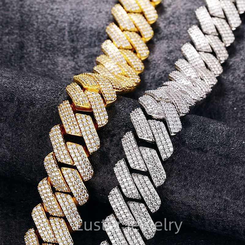 Luster Super Cool Hip Pop High Quality S925 Silver 20mm Width Three Line Paving Moissanite Cuban Link Chain for Men