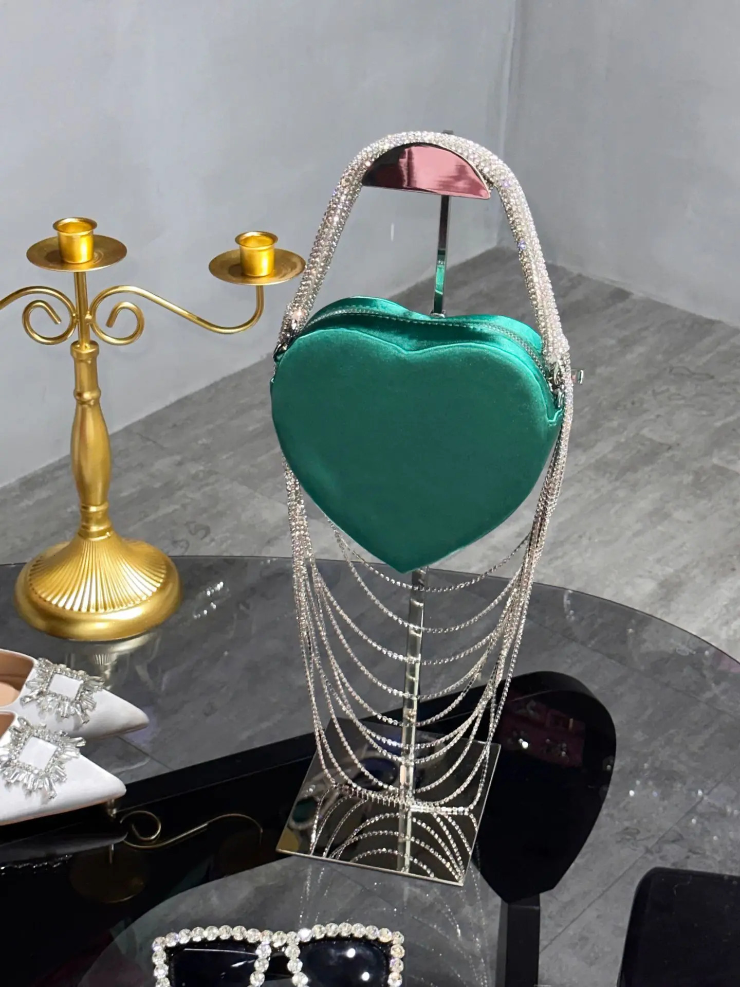 Tassel Heartshaped Silk Rhinestone Handbag Women Pink Love Shoulder Chain Crossbody Bag Fashion Evening 250218