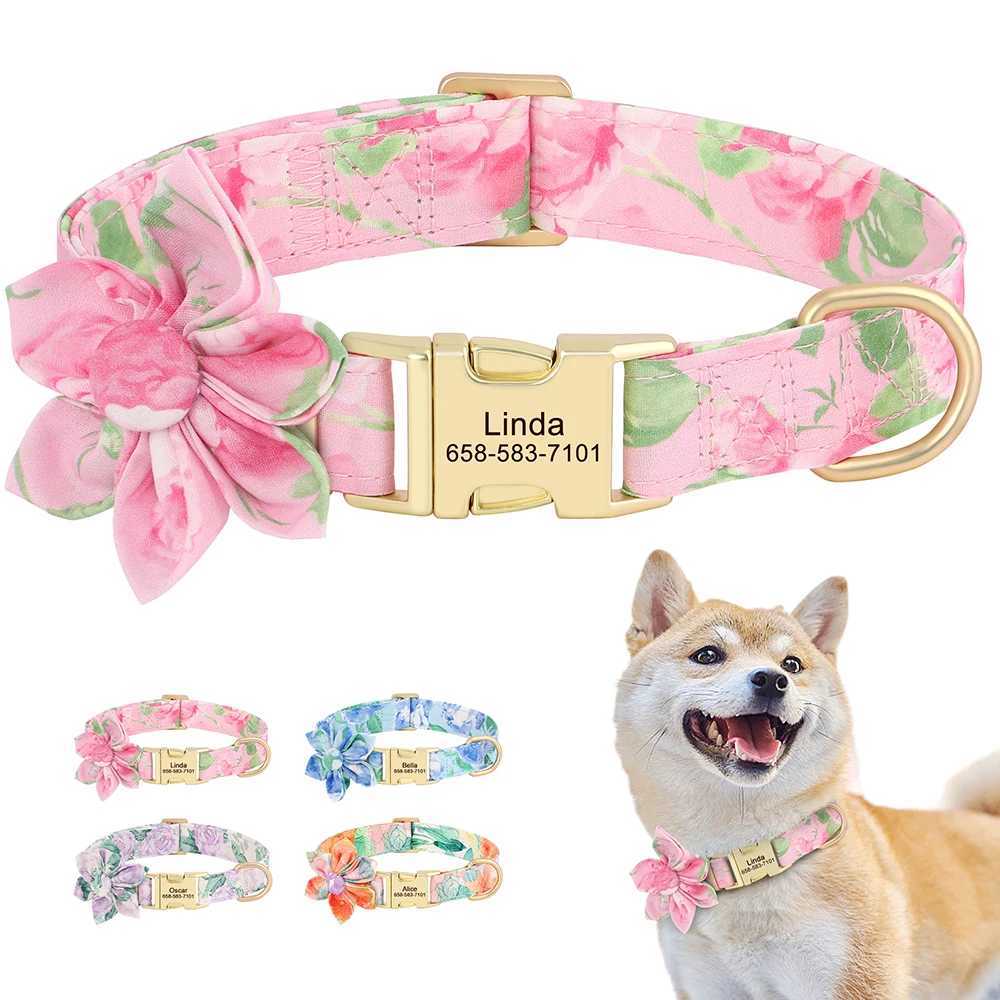 Customized Dog Collar Nylon Print Pet Dog Collars Personized Pet ID Necklace With Cute Flower For Small Medium Large Dogs Pug W250219