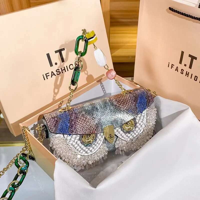 Beaded Tassel Square Women Handbag High Quality Textured Leather Evening Wedding Party Clutch Purse Crossbody Bag