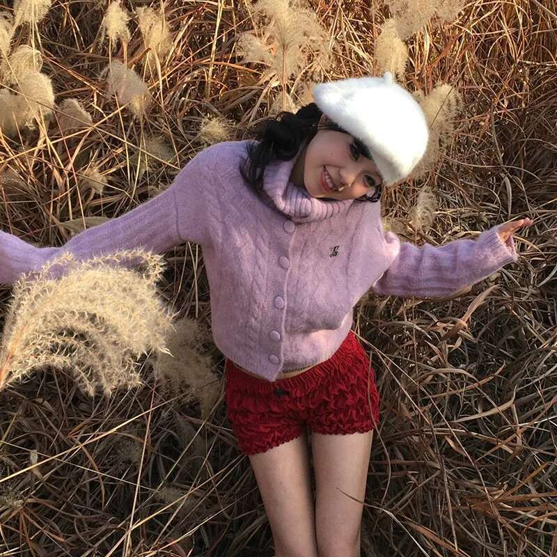 Karrram Japanese Y2k Turtleneck Cardigans Vintage Korean Style Knitted Sweater 2000s Aesthetics Pink Winter Knitwear Haruku