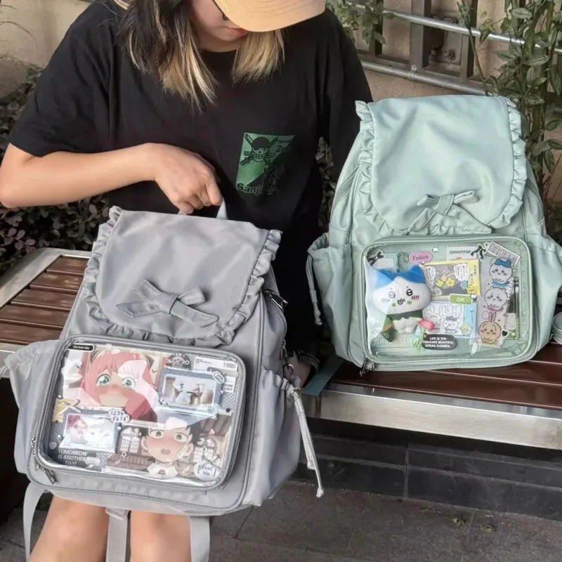 Bowkont Ruffled Japanese Y2k Backpack Transparent Pocket Lolita Bag High Capacity Preppy Style Itabag Rabbit Ear Pain Bag 250218