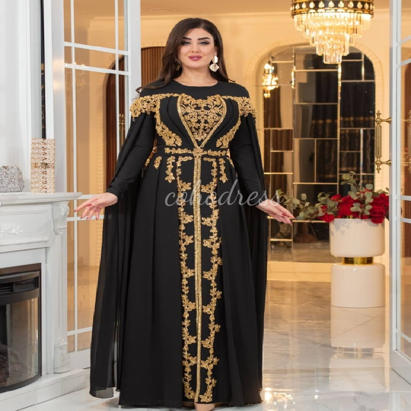 Elegant Black With Gold Evening Dress Arabian Dubai Caftan Moroccan Prom Dress Muslim Paskistani Formal Party Gown Traditional Vestio De Fiesta 2025
