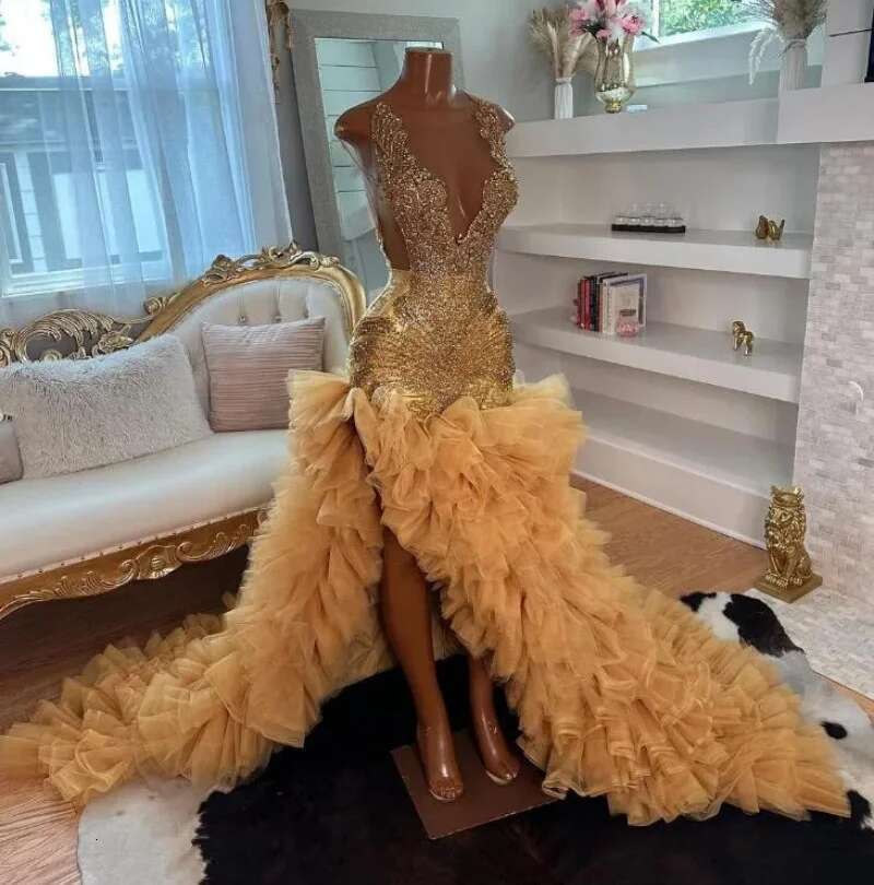 Rhie Gold Long Prom Dresses Mermaid 2025 Black Girls Beaded Rufflues African Evening Party Gala Graduation Gown Customized