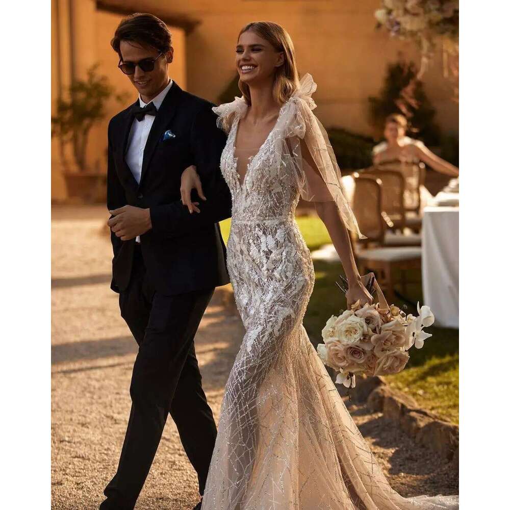 Gorgeous Mermaid Wedding Dresses Dismountable Beading Lace Bow Backless Bridal Gown Sweep Train Vestidos De Novia Customized
