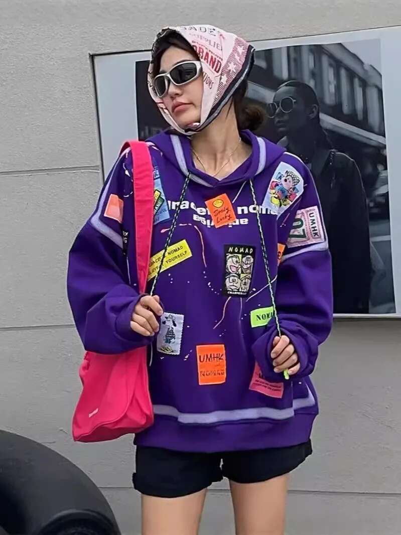 Heavy Embroidery Label Hooded Sweatshirt For Women, Niche Design, Graffiti-Style Loose Casual Tops And Coats