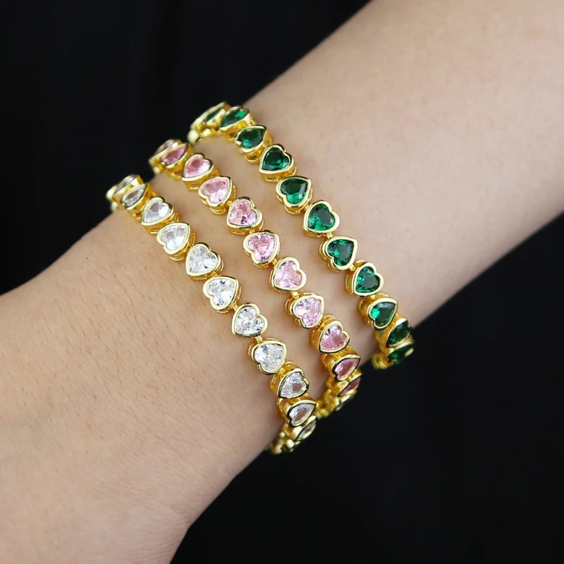 Bezel Heart Shaped CZ Tennis Chain Bracelet Gold Color White Pink Green Cubic Zirconia Fashoin Jewelry 250213