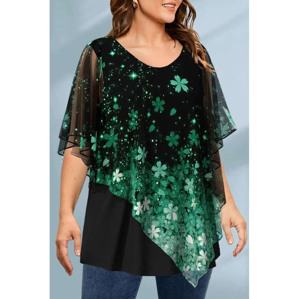 Plus Size Blouse Cloak Loose Casual Ral Print Ruffle Batwing Cape Sleeve Tee Medium Stretch Women Shirt Top