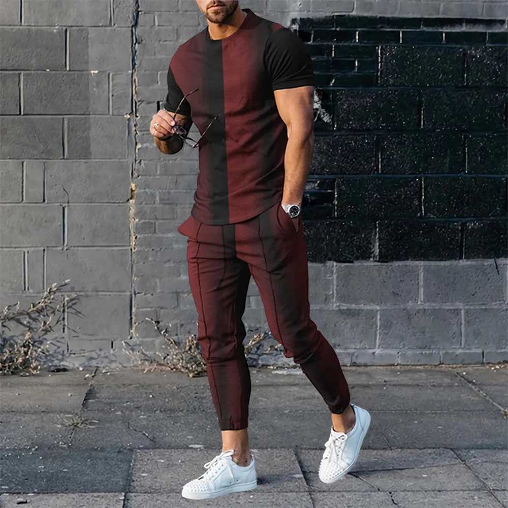 Fashion Colorful Blocks 3D Print Men Sportswear Set Short-Sleeved T Shirt Pants 2-Piece Set Oversized Pullover Men ClothingXJ250218