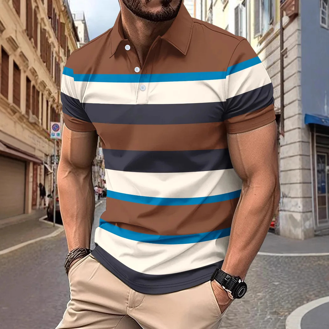 Summer Striped Patchwork Mens Polo Tshirt Fashion Lapel Button Sports trend Street Wear Short Sleeve Top 250219
