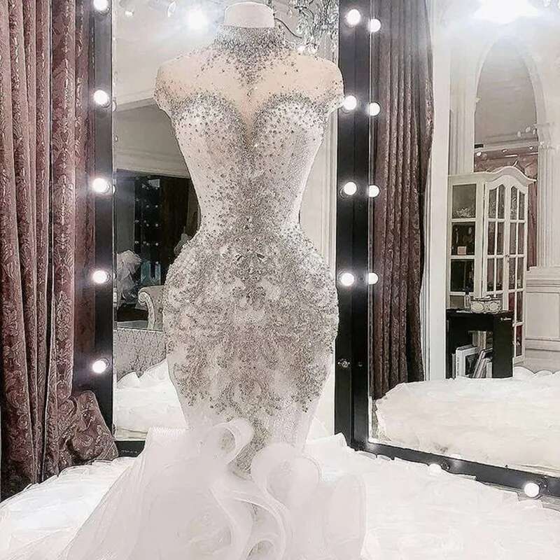 Customized High Neck Arabic Aso Ebi urious Beaded Crystals Wedding Dress Organza Multi-Layered Ruffles Bridal Gowns