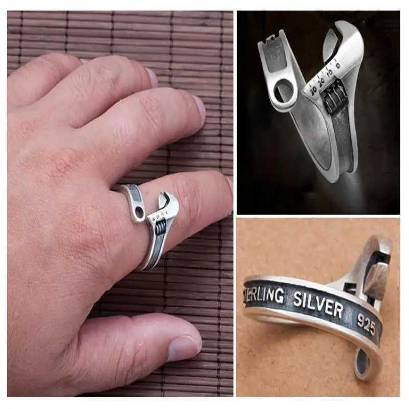 Retro Punk Personalized Wrench-Shaped Open Ring Suitable for Mens Hip-Hop Rock Motorcycle Trend Jewelry AccessoriesXJ250219