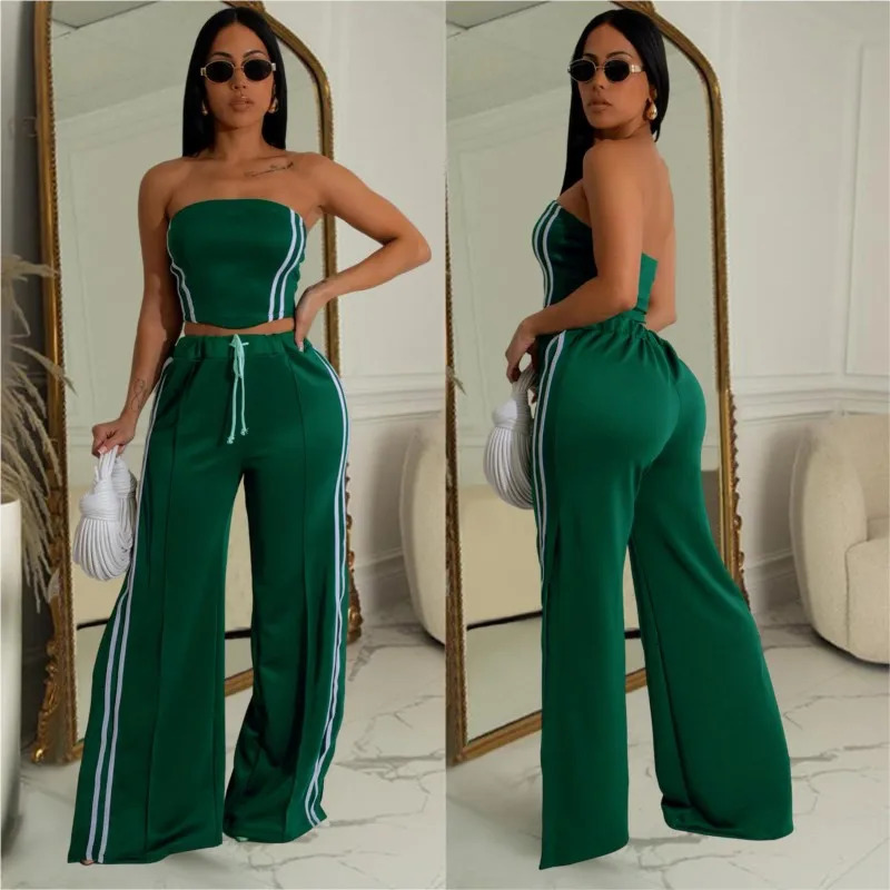 Sexy Strapless Set Striped Ribbon Crop Tube Top Wide Leg Pants Suits Summer Streetwear Two 2 Piece Set Casual Womens Outfits 250218