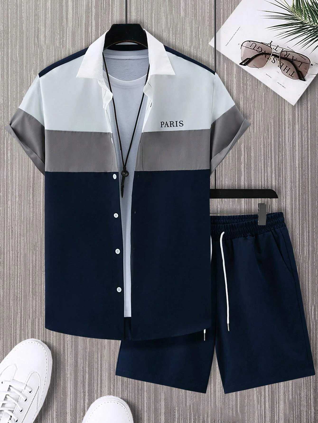 Mens Fashion Suit Blue And White Patchwork Color Single-breasted Short-sleeved Lapel Shirt And Shorts y2k Mens Two-piece SuitXJ250218