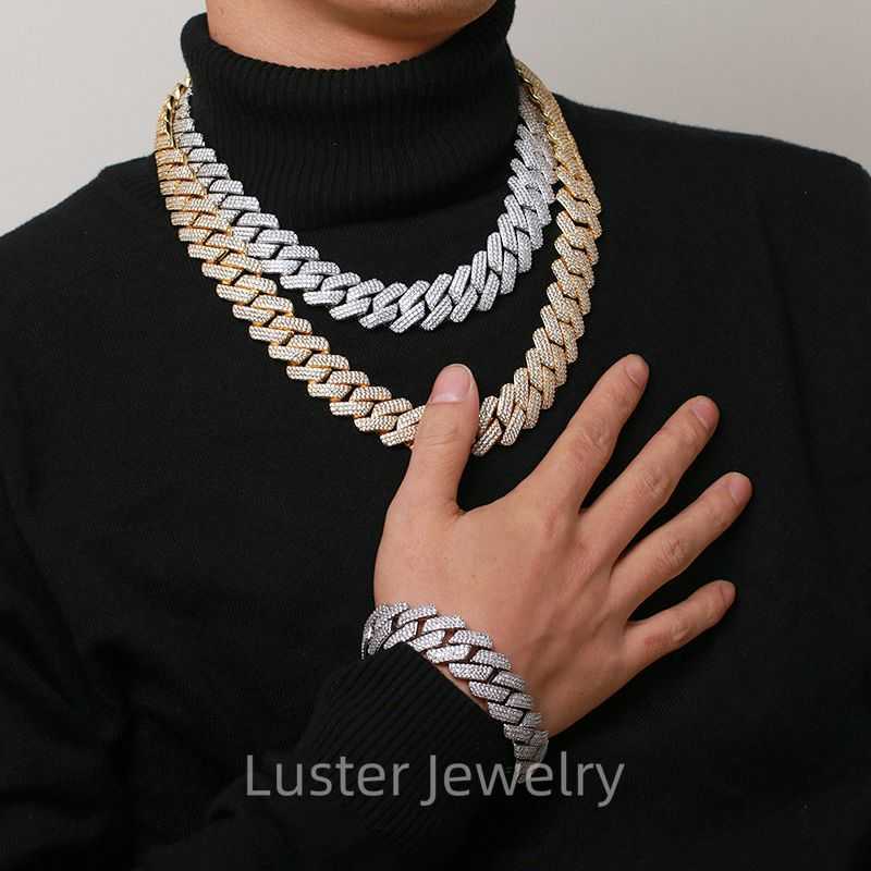 Luster Super Cool Hip Pop High Quality S925 Silver 20mm Width Three Line Paving Moissanite Cuban Link Chain for Men