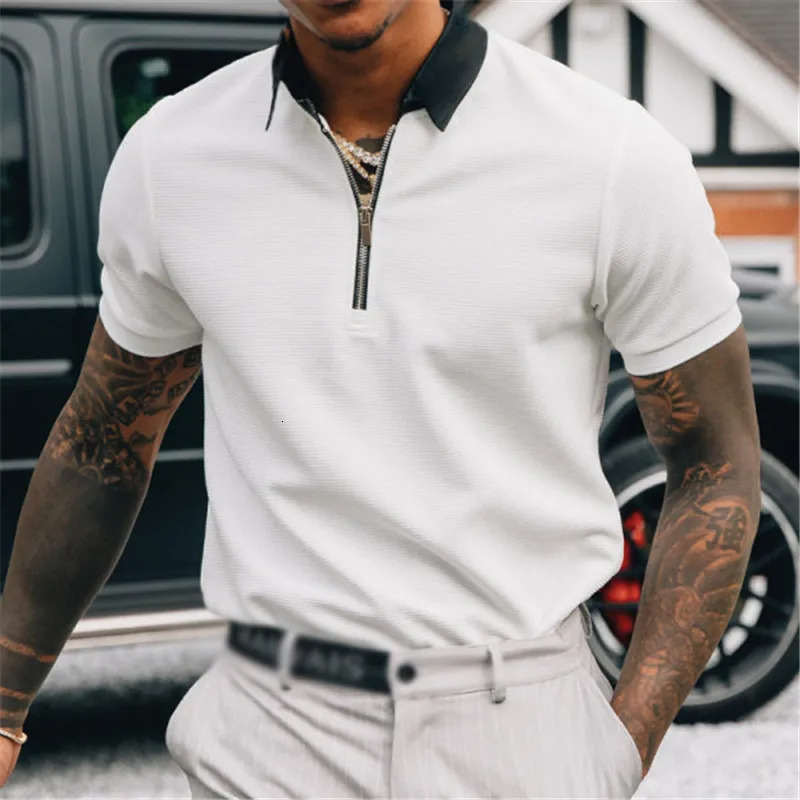 Summer Solid Color Casual Gentlemen Polo Shirt Short Sleeve Loose Business Tshirts Man Zipper All Match Top Male Fashion Clothes 250219