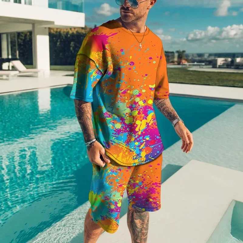 Men Summer Fashion 3D Print T-shirts Creative Casual Colorful Short Sleeved Pullover Clothes Two-piece Beach Shorts High-qualityXJ250218