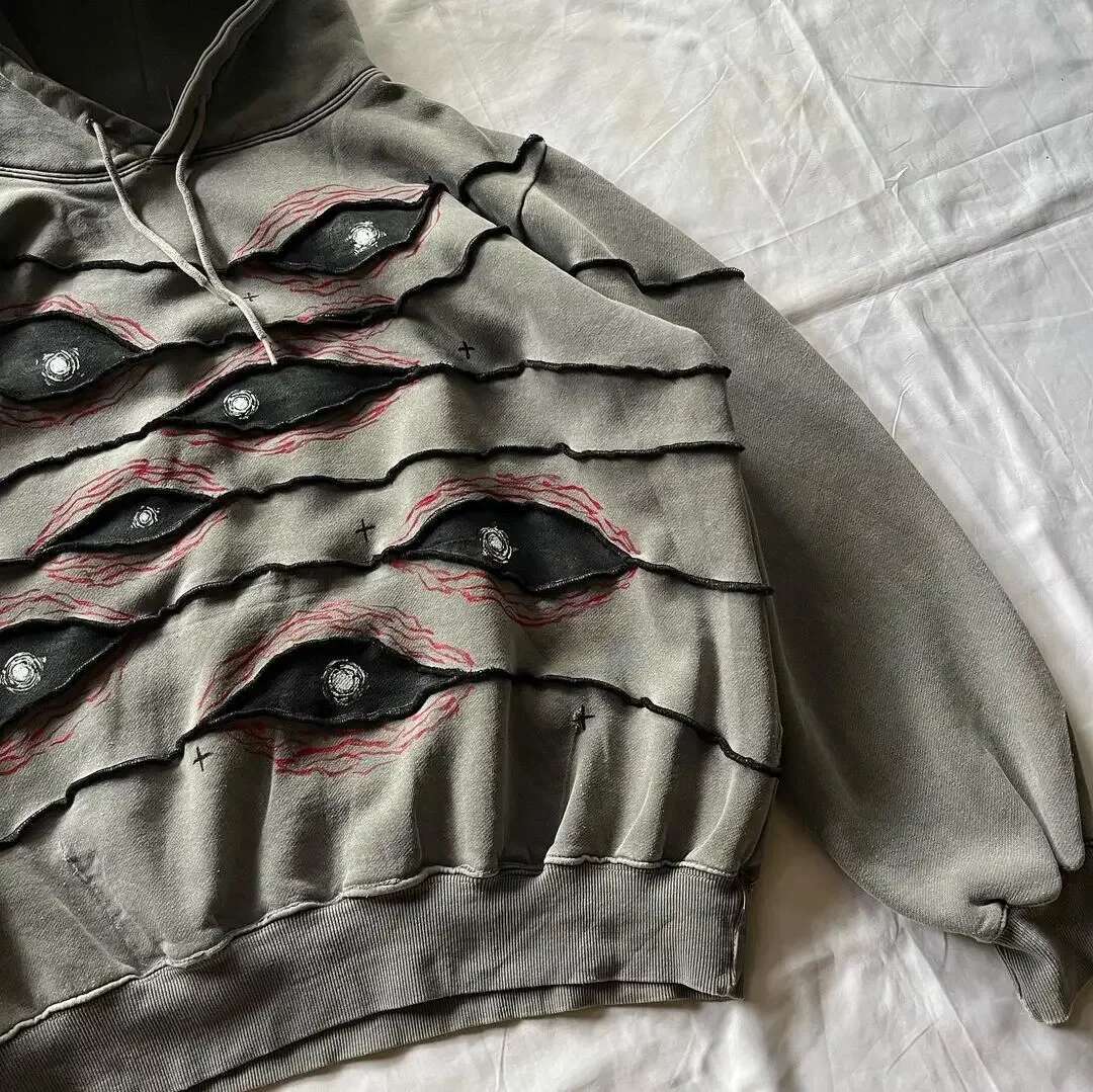 Streetwear Hoodie Hip Hop Gothic Eyes Patchwork Dark Gray Oversized Loose Pullover Men and Women Retro Haruku Punk Casual Tops