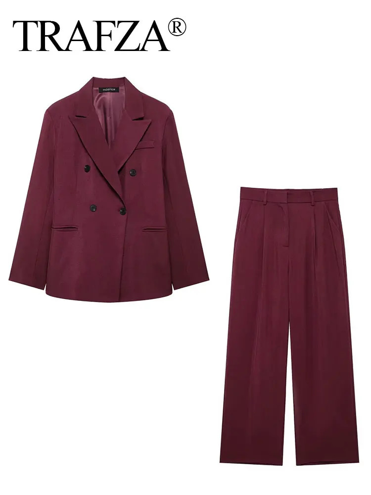 TRAFZA Womens Burgundy Blazer Sets Lapel Double Breasted Autumn Suit Coat Office Lady Commute Woman Wide Leg Long Pant 250218