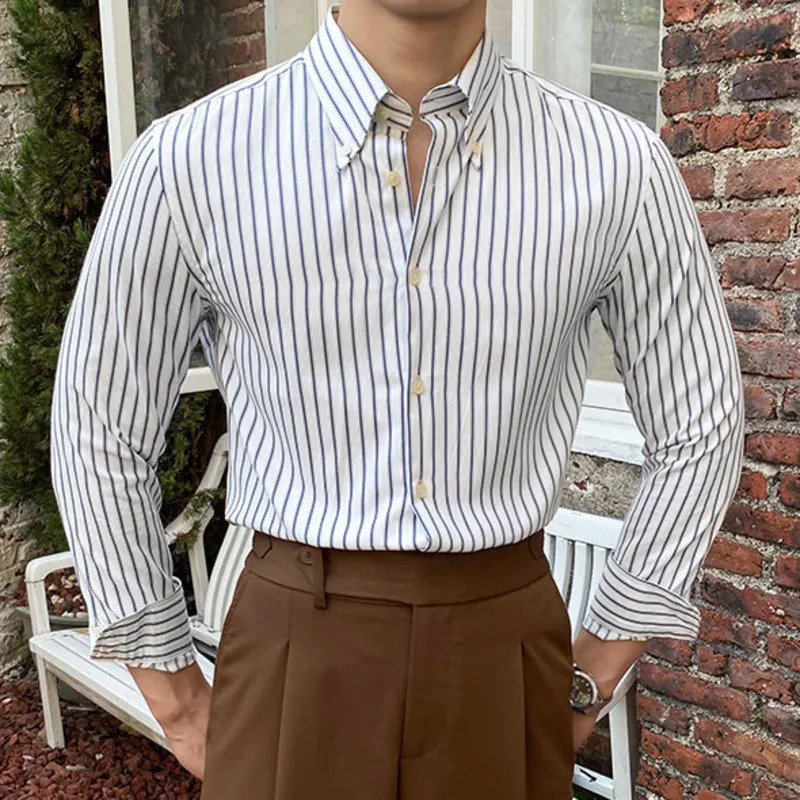 Casual Stripe Shirt Retro Shirt Dress Camisa Masculina Social Italian Spring British Style Men Long Sleeve Striped Shirt 250214CJ