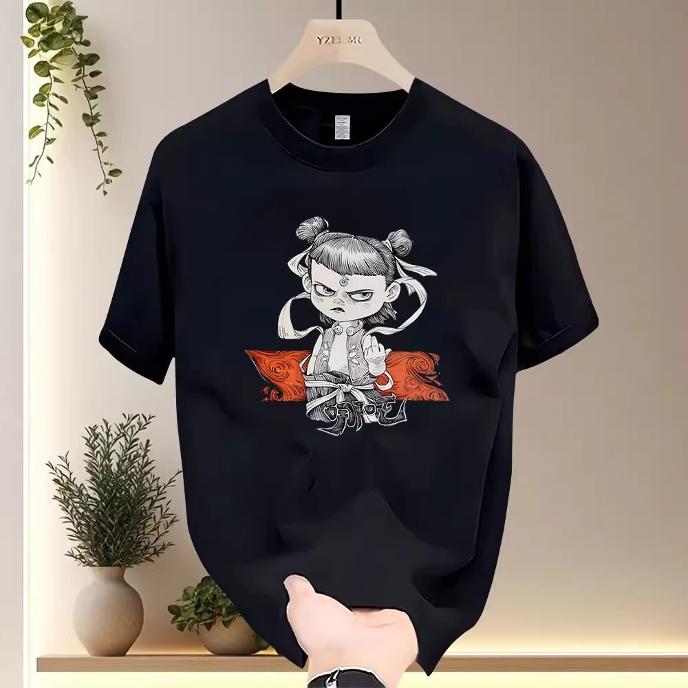 Summer 2025 New China-chic Cotton Round Neck Male And Female Youth Personality Designer T-shirt Nezha Printed Short Sleeve T-shirt Loose Casual Top