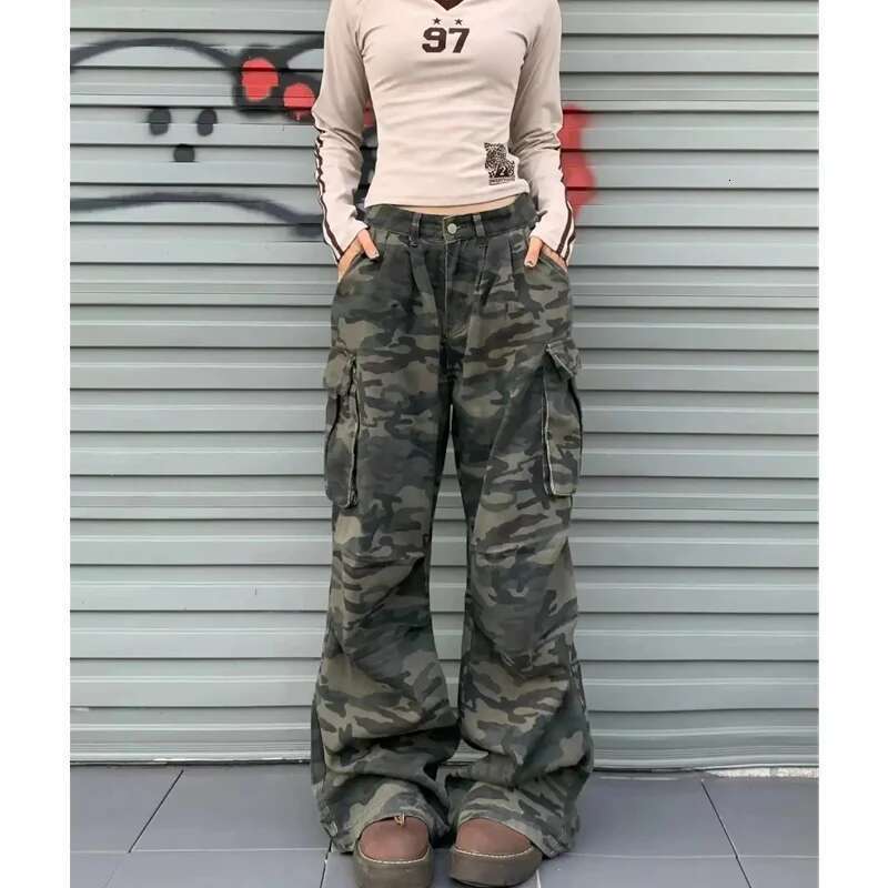 2025 New Camouflage Women Y2k Hip Hop Vintage High Waisted Jeans Straight Streetwear Casual Loose Large Size Wide Leg Denim Pants