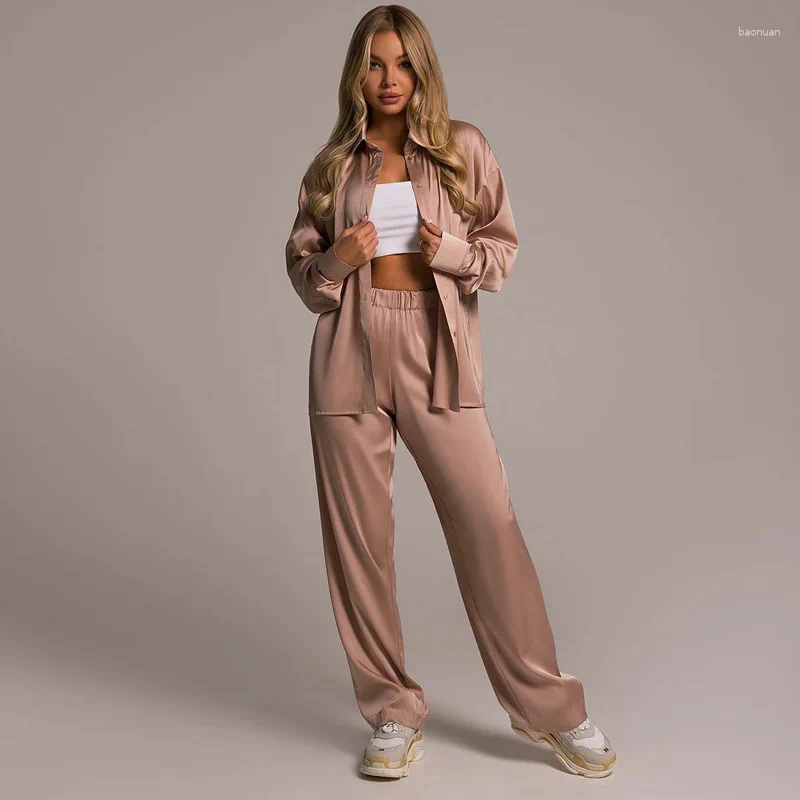 Women's Two Piece Pants Spring And Summer Lady Long Set Elegant Satin Silk Sleeved Loose Shirt Wide Leg Two-piece Women Outerwear