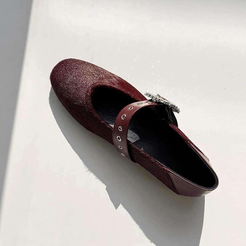 Real haircalf women ballet flats crystal buckle strap pumps