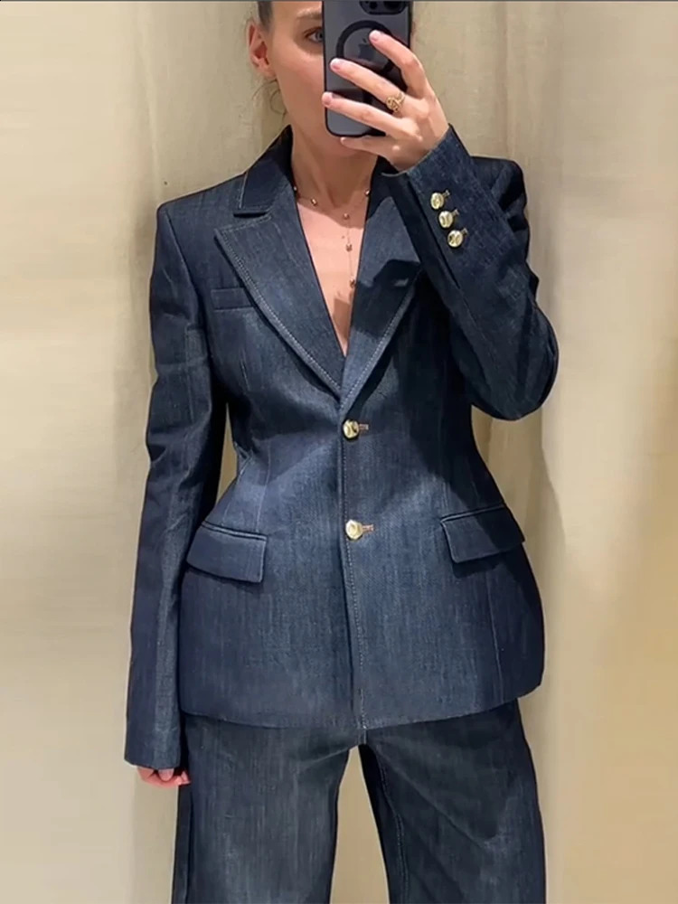 Denim Blazer Coat Tube Top Pants Sets 3 Pieces Women Spring Notched Button Up Suits Jacket Vest Wide Leg Trousers Suits 250218