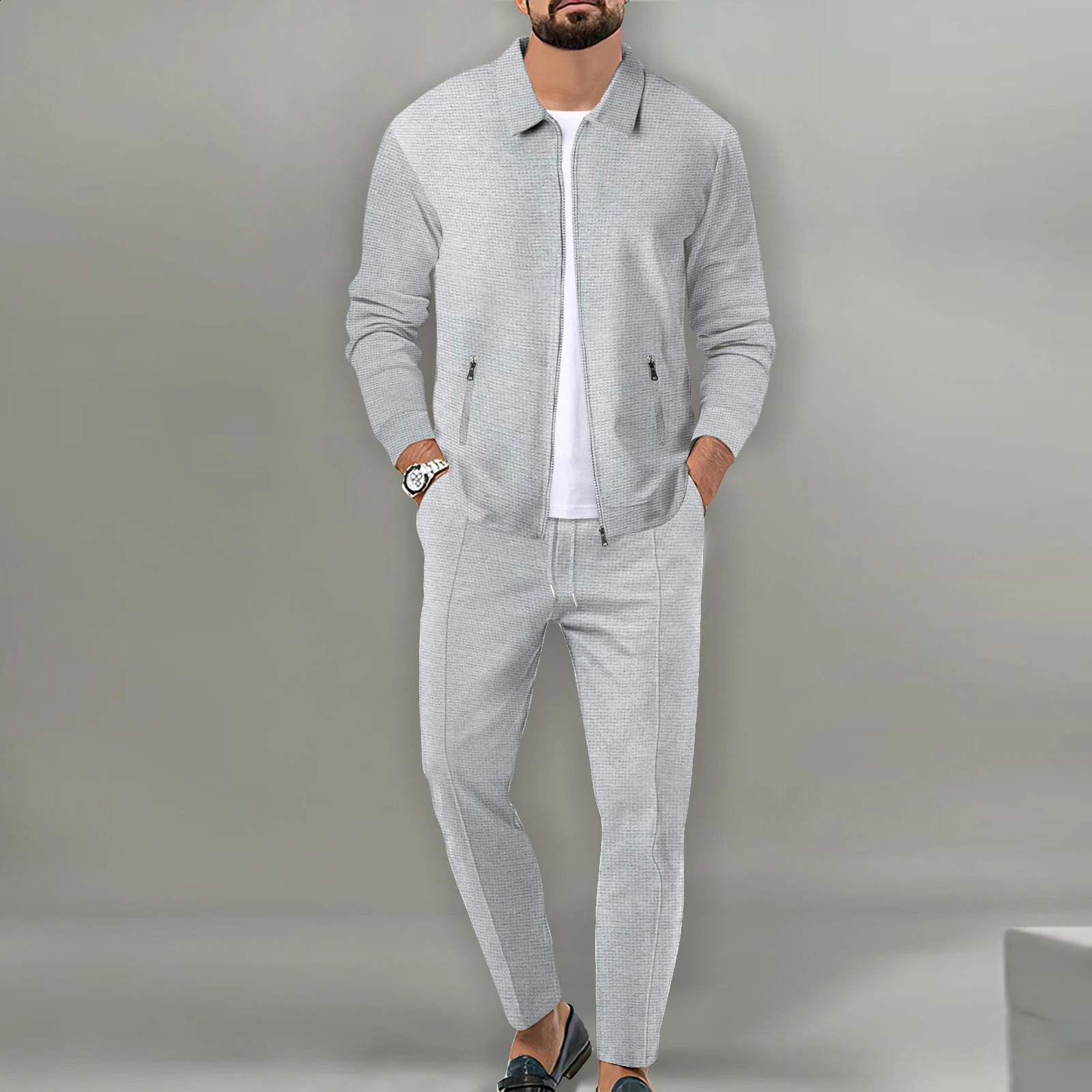 Men Two Piece Tracksuit Set Long Sleeve Zip Up Waffle Jacket Pants Set Loungewear Casual Daily 250218