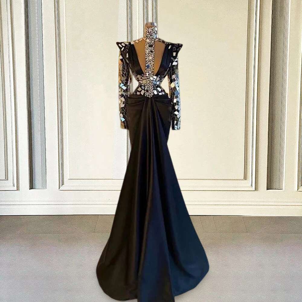 Sexy Black Prom Dresses Mermaid Beads Crystal Long Sleeves Dubai Formal Evening Party Night Gown Customized