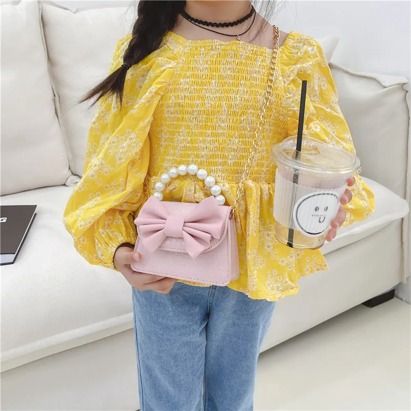 Cute Bowknot Childrens Coin Purse Fashion Pearl Handle Princess Handbags Pu Leather Girls Shoulder Bags Chain Crossbody Bags 250219