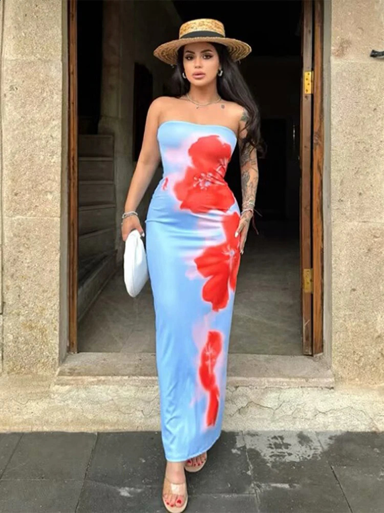 Chic Floral Print Strapless Long Dress Women Elegant Sleeveless Back Split Midi Dresses Lady Holiday Party Beach Backless Robe 250218
