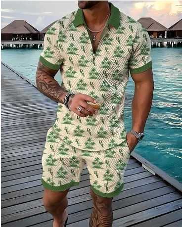 Summer New Mens 3D Printing Short Sleeve Zipper Polo Shirt Shorts Set Men Casual 2-piece Vacation Beach SetXJ250218