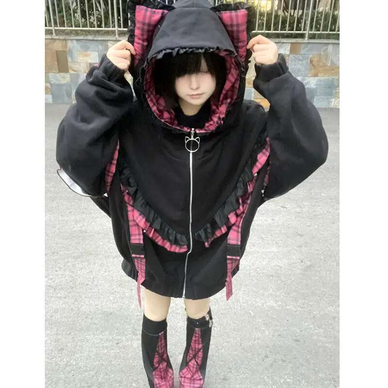 Japanese Haruku Thicked Sweet Cat Ear Y2k Zipper Sweatshirt Women Gothic Aesthetics Cute Autumn Winter Jacket