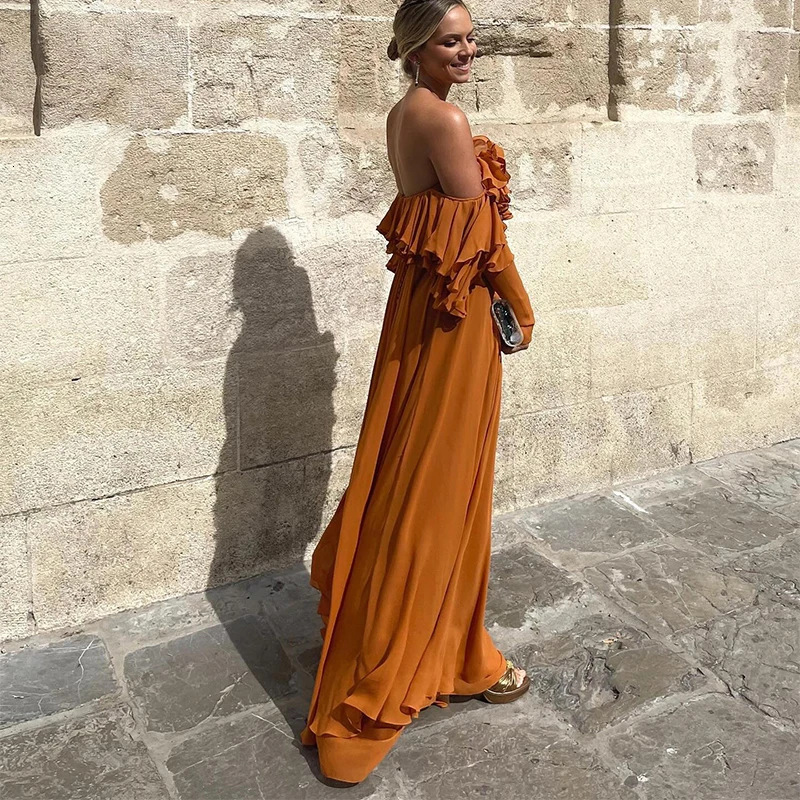 european and american 2024 spring/summer women's dress sweet and fresh solid color ruffle long sleeve dress with elegant style