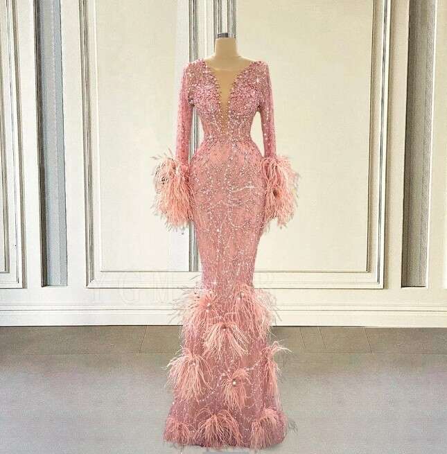 Pink Mermaid Prom Dresses Sparkly Beaded Lace with Feather Long Sleeves Women Formal Evening Party Gown Special Ocns