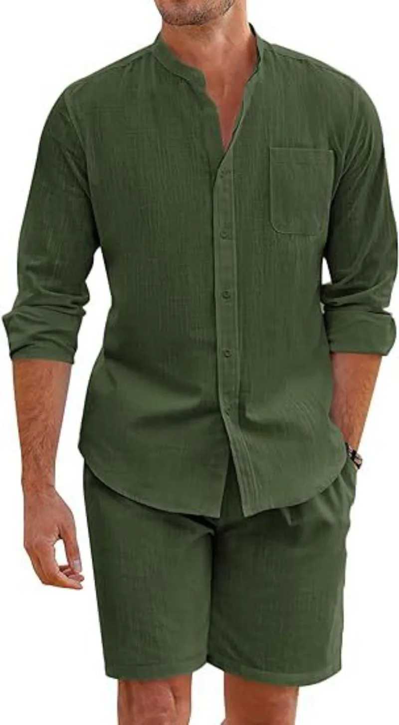Mens Summer Two-piece Cotton and Linen Comfortable Buttoned Shirt Long Sleeved Shorts Cardigan Simple Casual Beach OutfitXJ250218