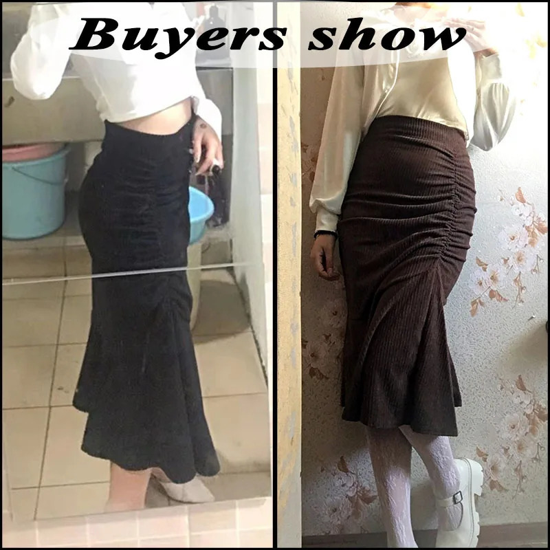 Lucyever Fashion High Waist Midi Skirts for Women Spring Slim Fit Hip Mermaid Skirt Woman Korean Ruffles Brown 2XL 250213