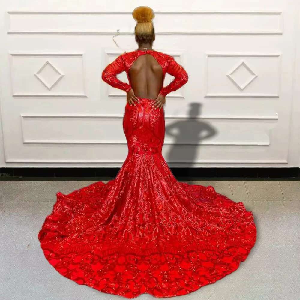 Sparkly Sequined Red Prom Black Girls Mermaid Open Back Long Sleeves Evening Gown Birthday Party Gala Dresses