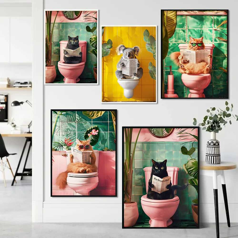 Trendy Bathroom Cat Pooping Reading in The Toilet Canvas Painting Wall Art Print Bathroom This Toilet Decor Y250218